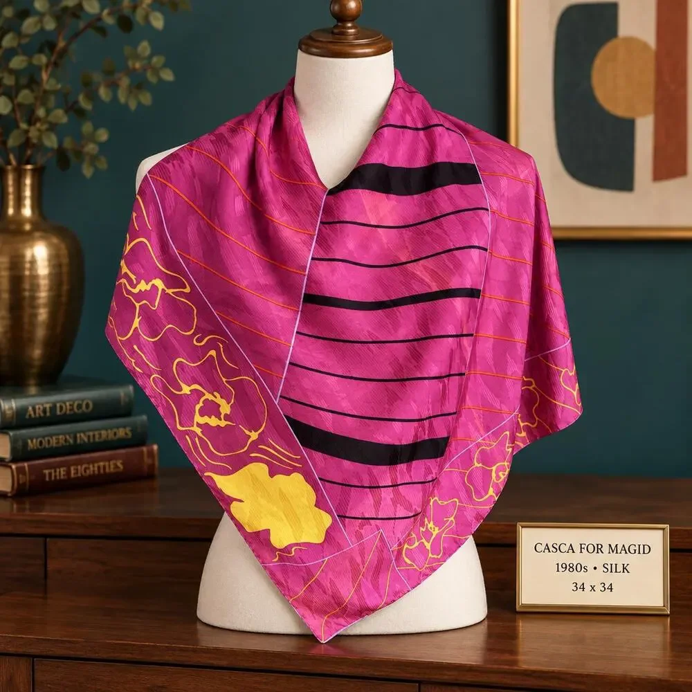 Vintage Casca for Magid 1980s Silk Scarf Abstract Floral Stripe 34x34